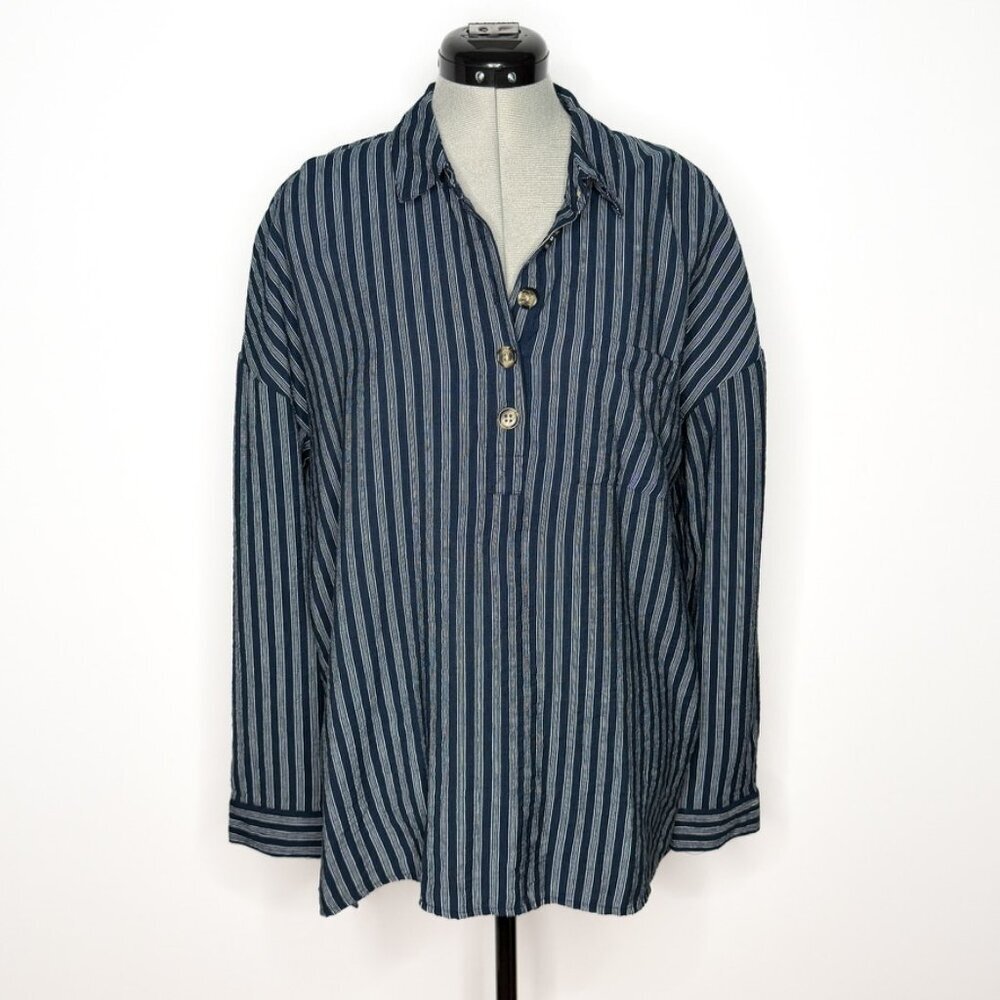 Time and Tru Nvy Blue Vertical Striped Oversized Henley Blouse - Size Large